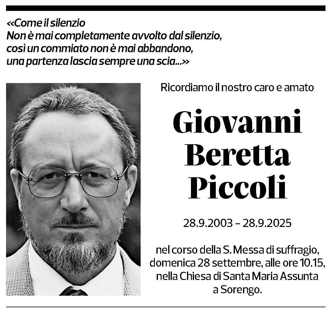 Annuncio funebre Giovanni Beretta Piccoli