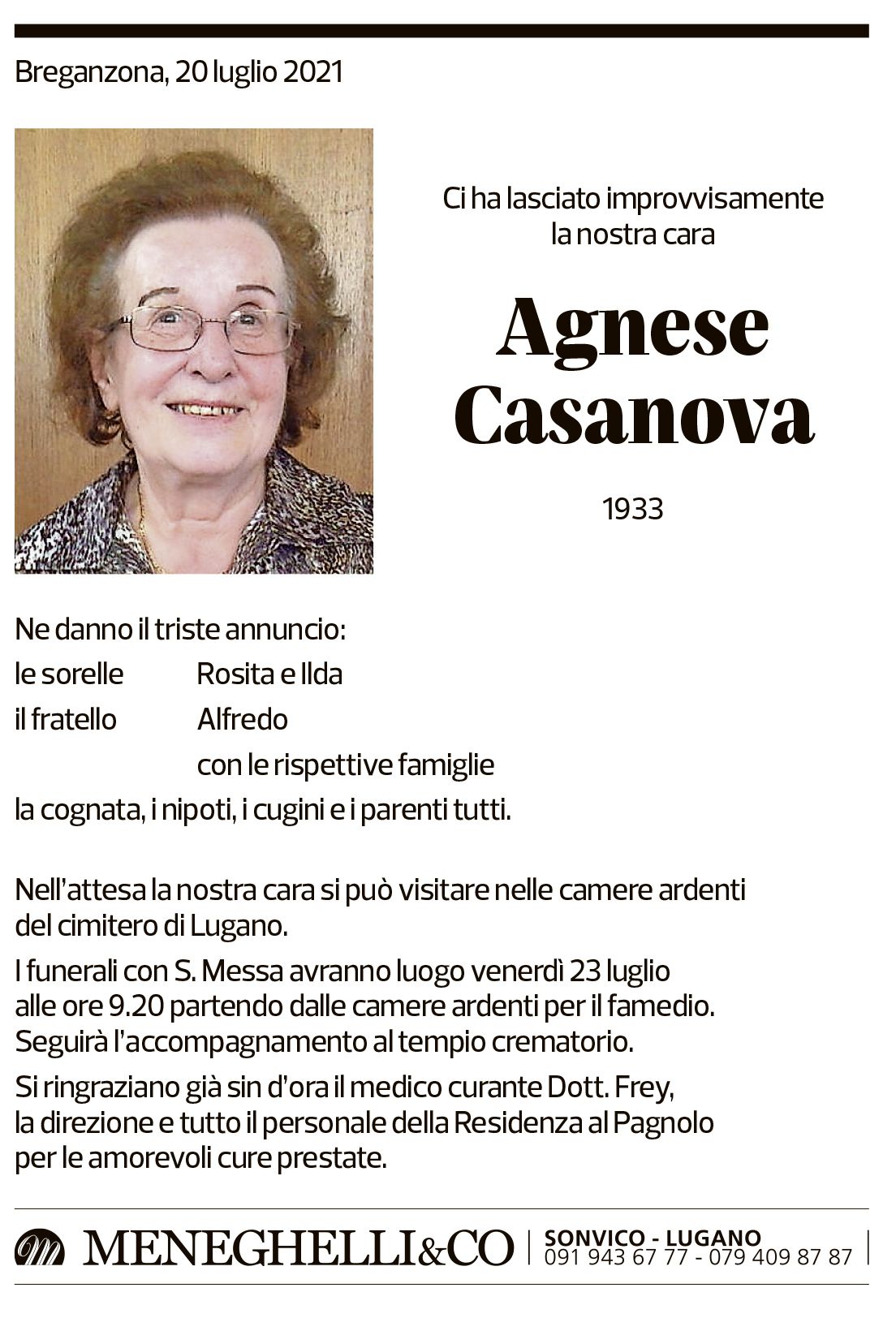 Annuncio funebre Agnese Casanova