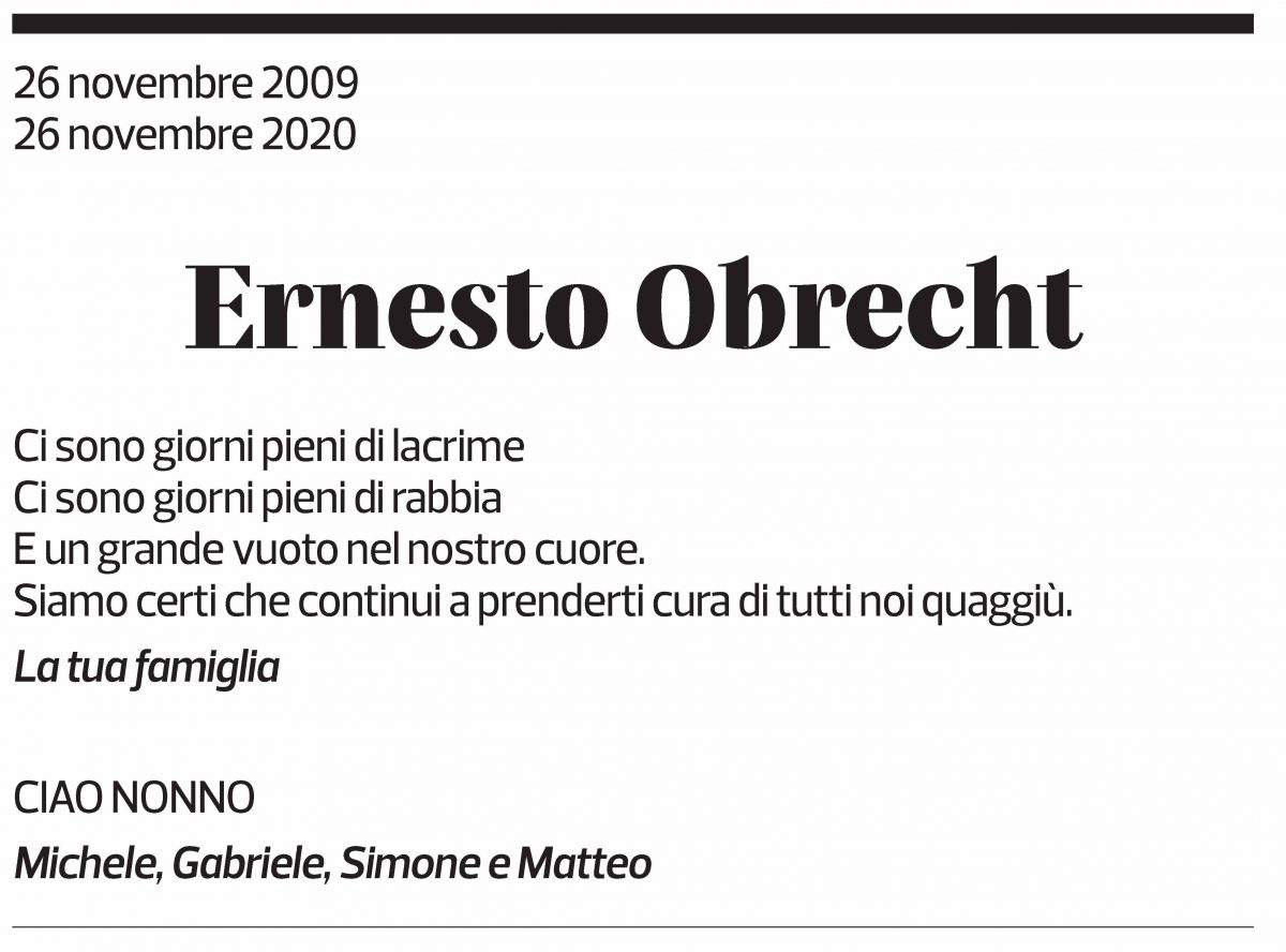 Annuncio funebre Ernesto Obrecht
