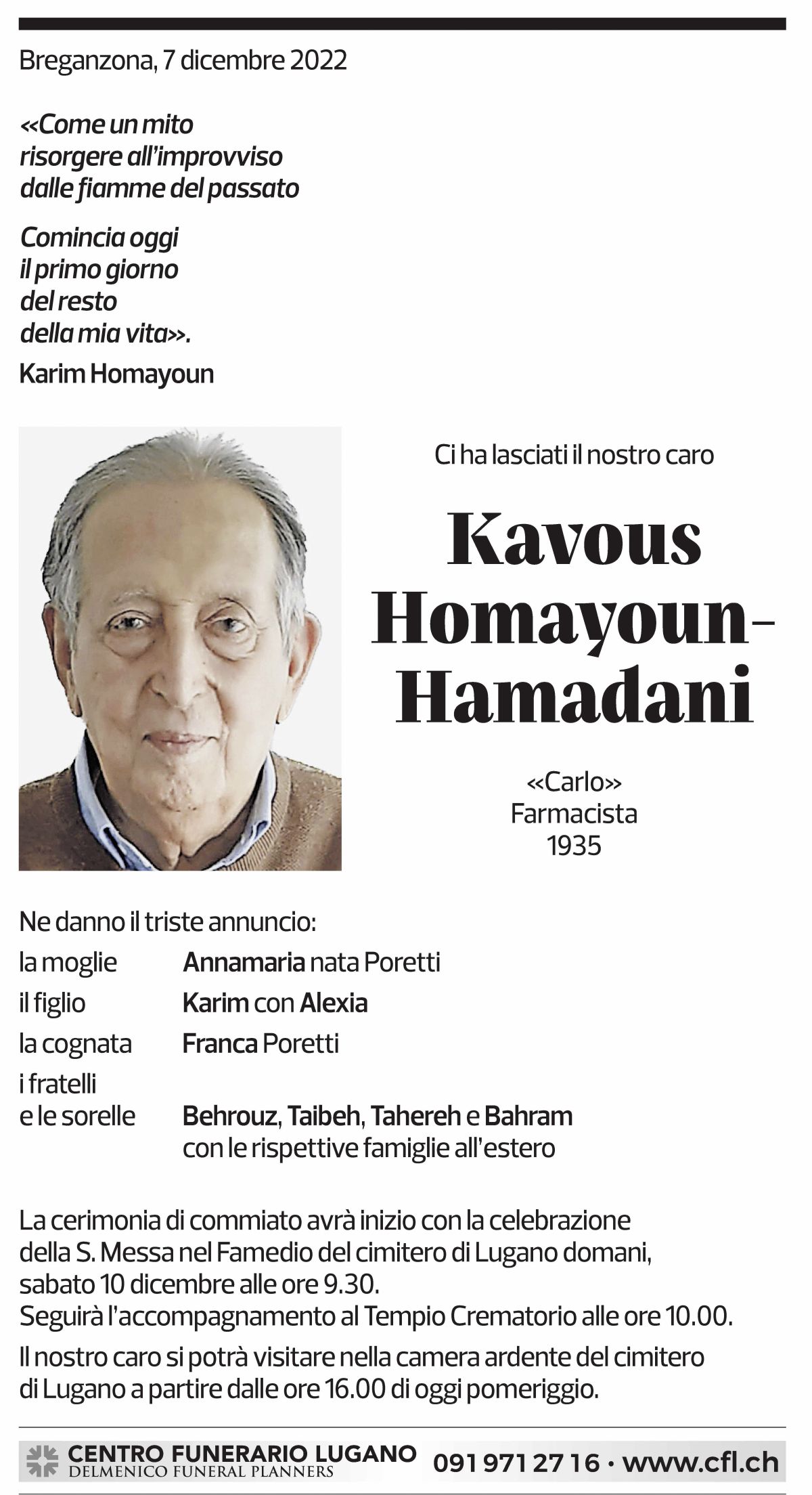 Annuncio funebre Kavous Homayoun-hamadani