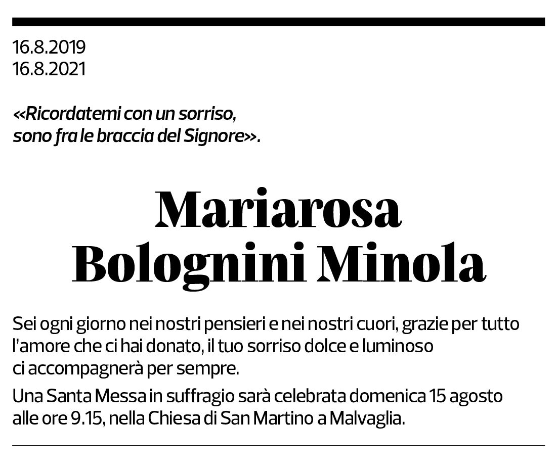 Annuncio funebre Mariarosa Bolognini Minola