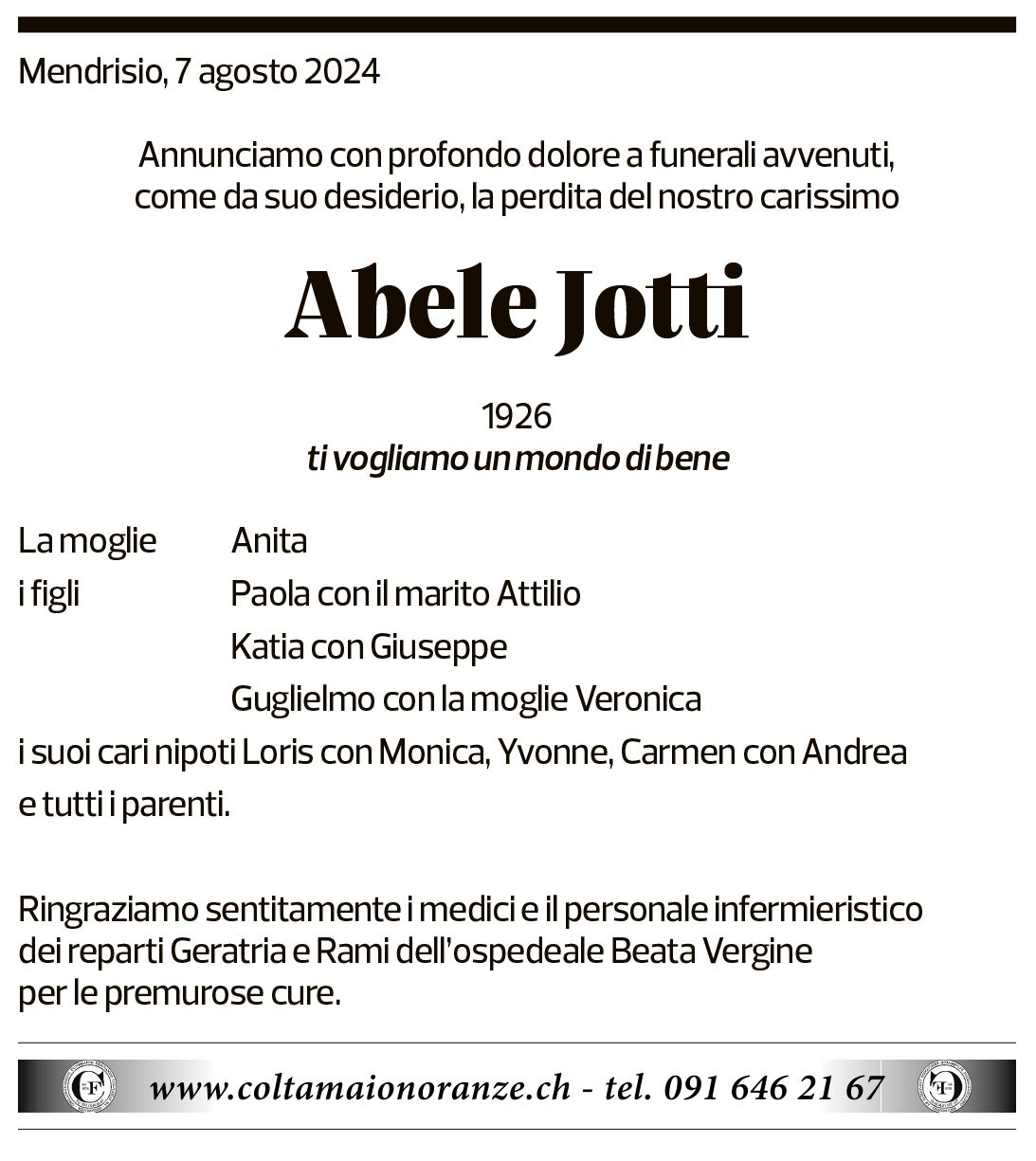 Annuncio funebre Abele Jotti