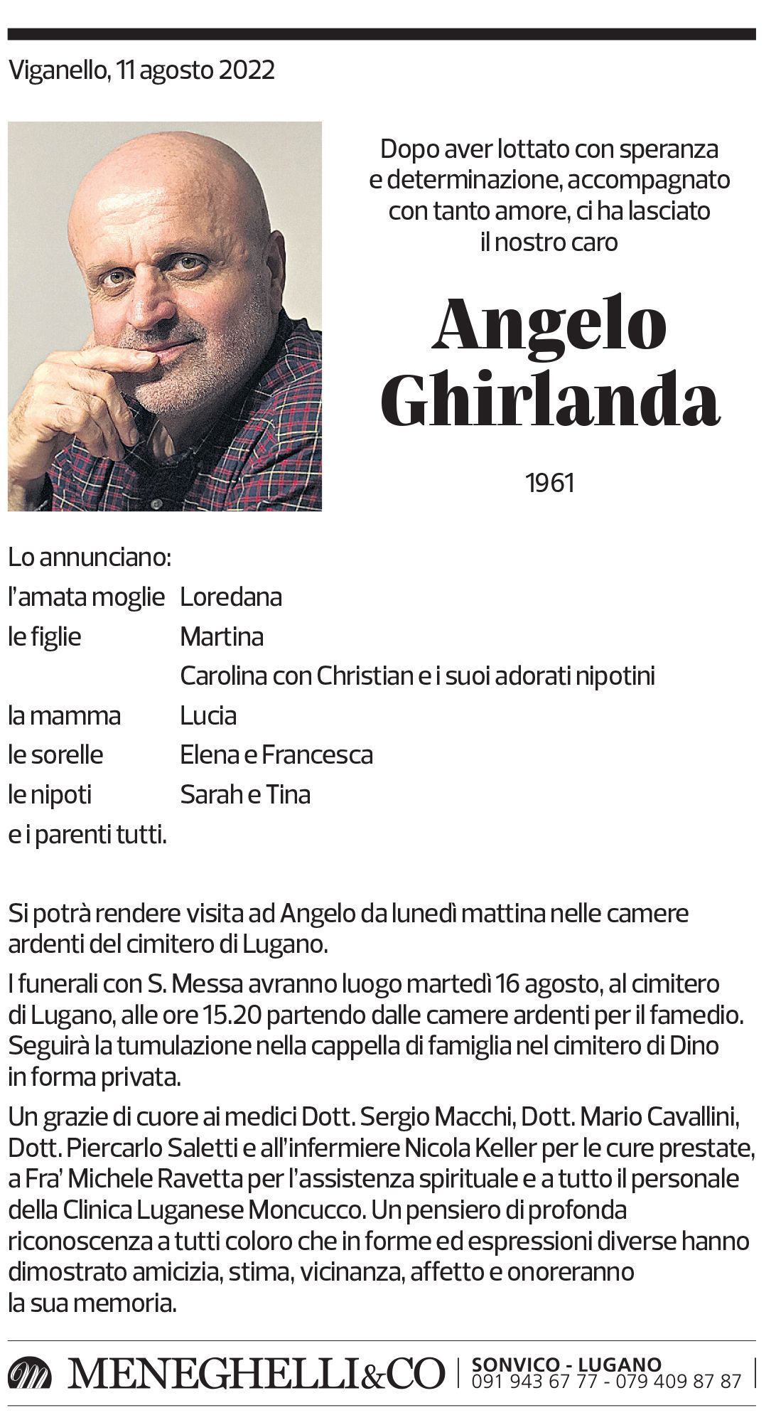 Annuncio funebre Angelo Ghirlanda
