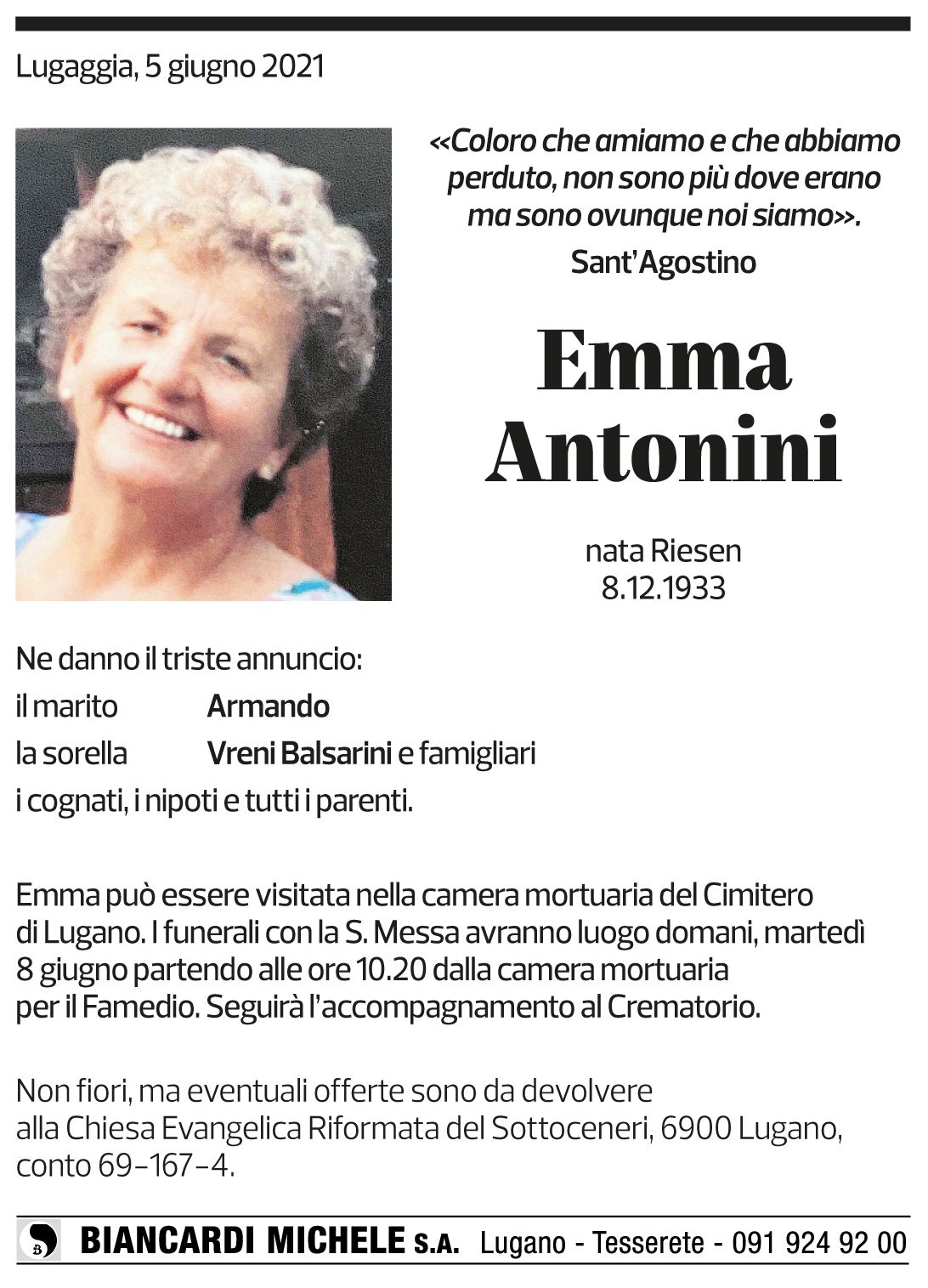 Annuncio funebre Emma Antonini