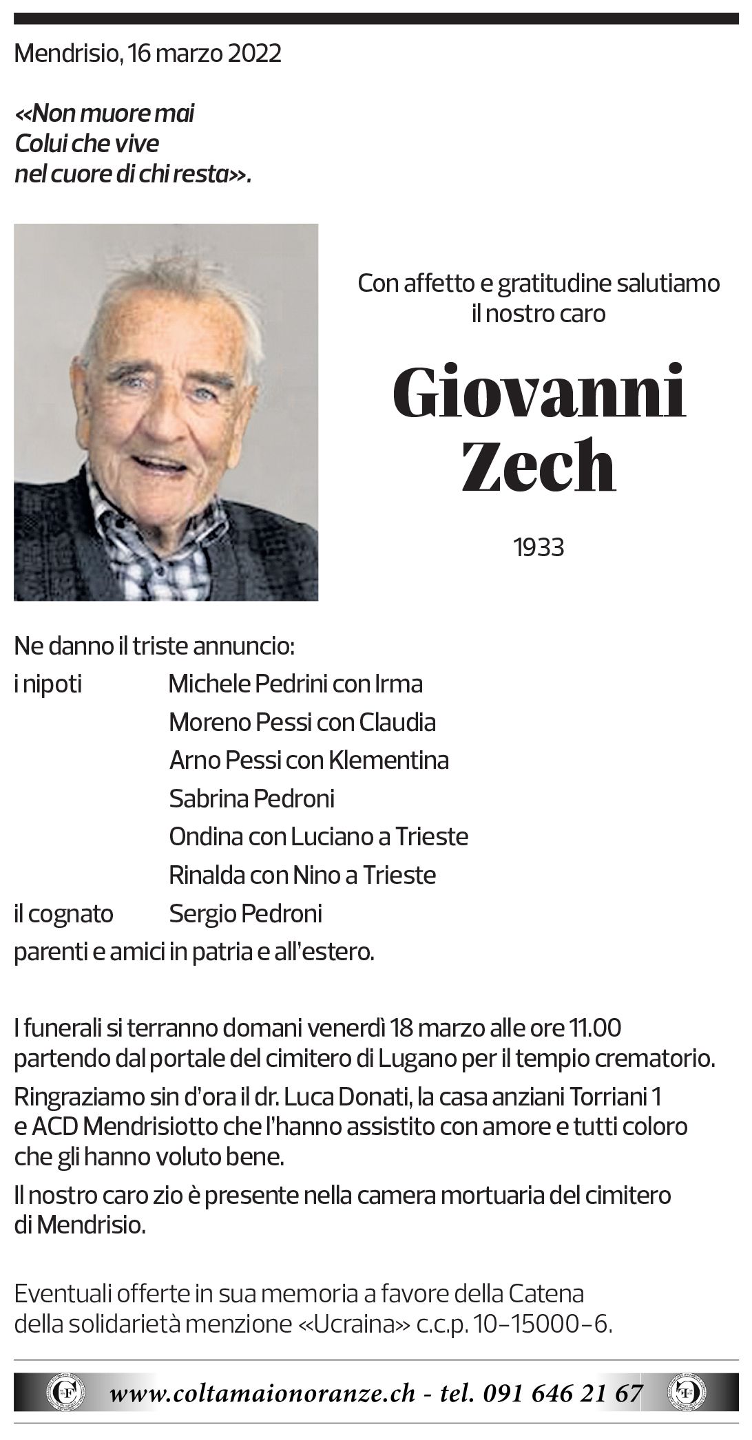 Annuncio funebre Giovanni Zech