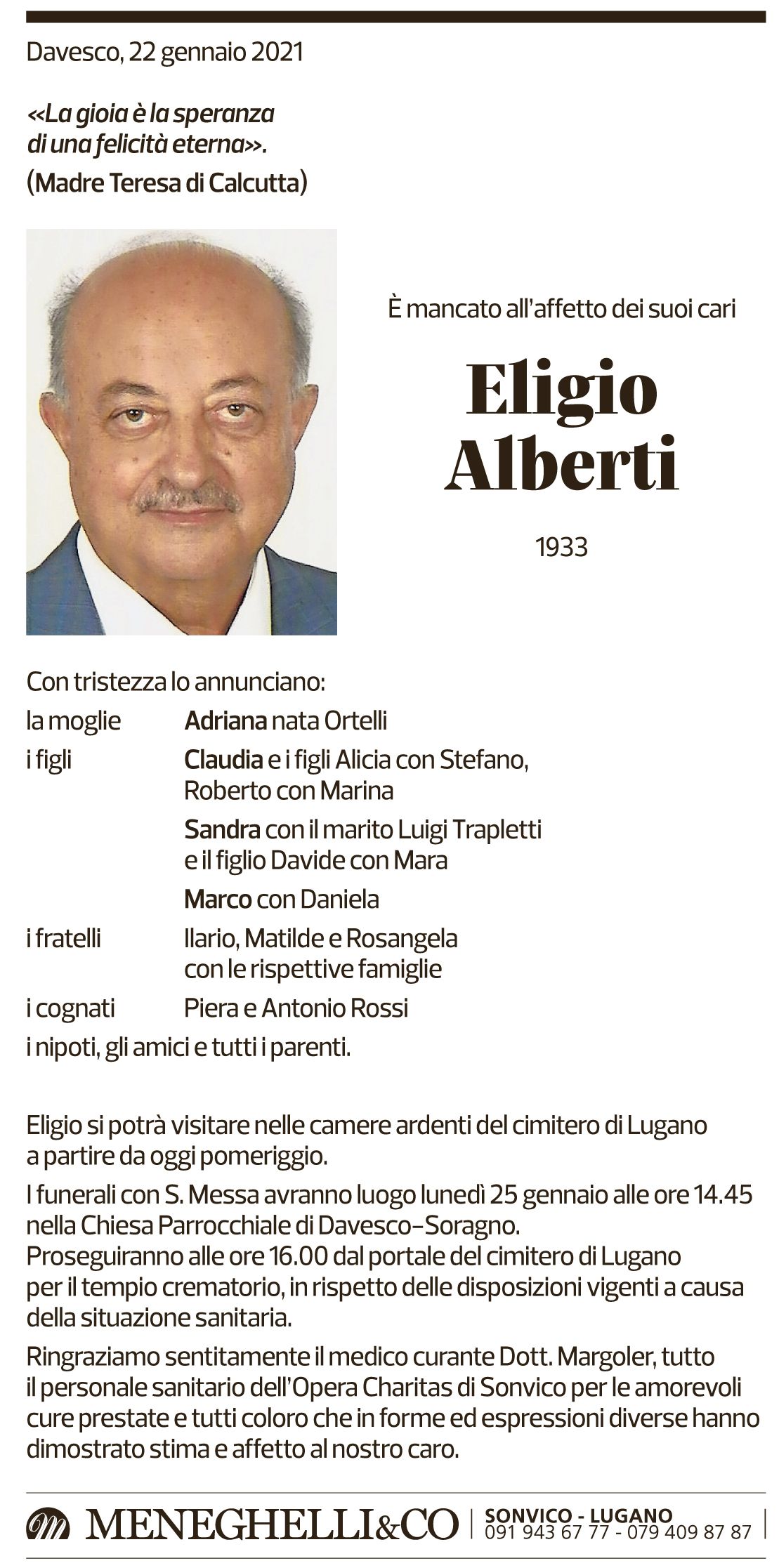 Annuncio funebre Eligio Alberti