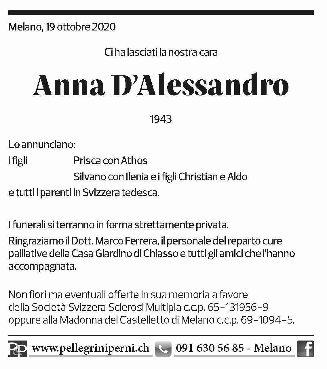 Annuncio funebre Anna D'alessandro