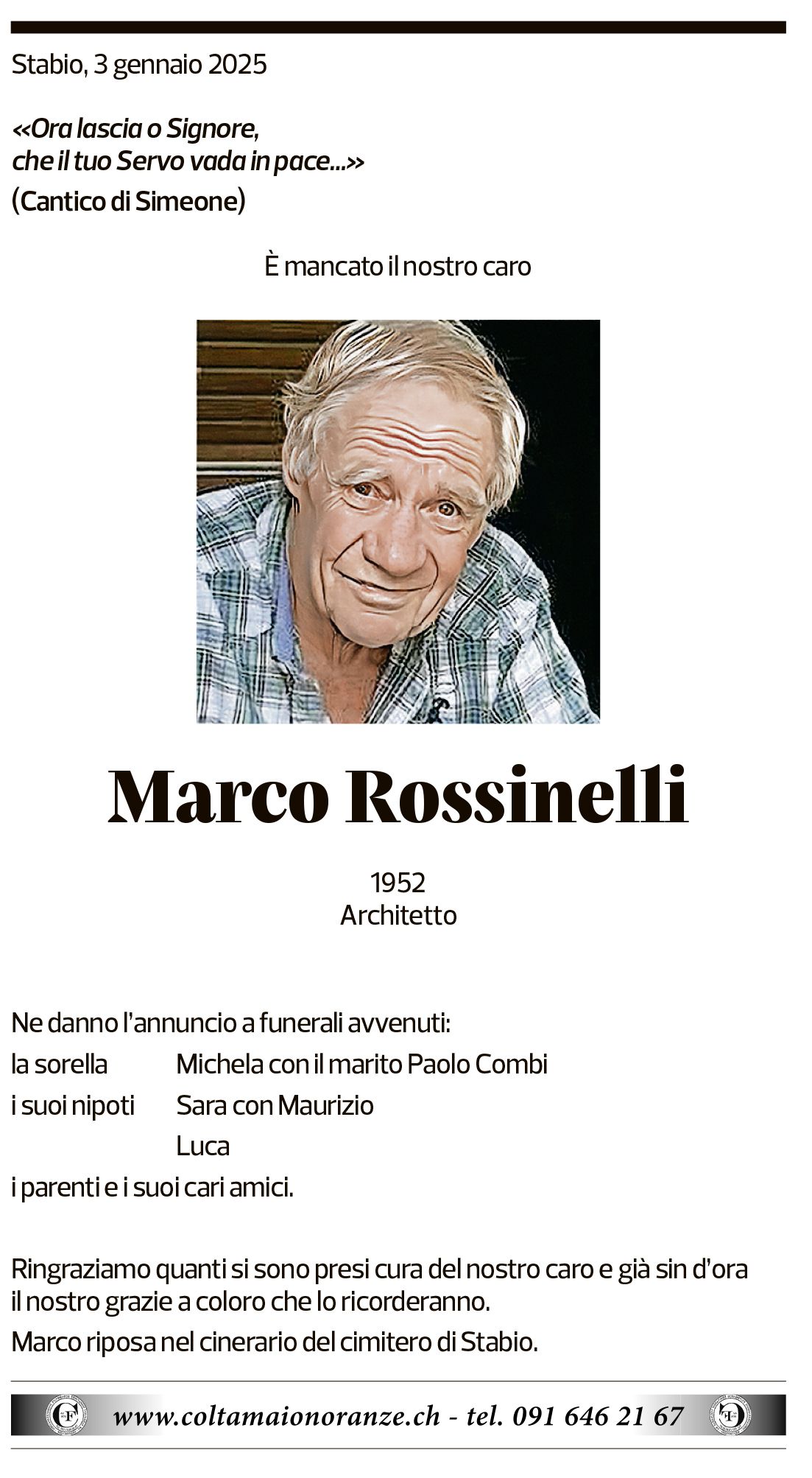 Annuncio funebre Marco Rossinelli