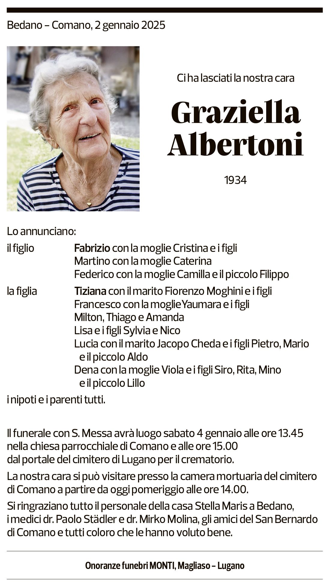 Annuncio funebre Graziella Albertoni