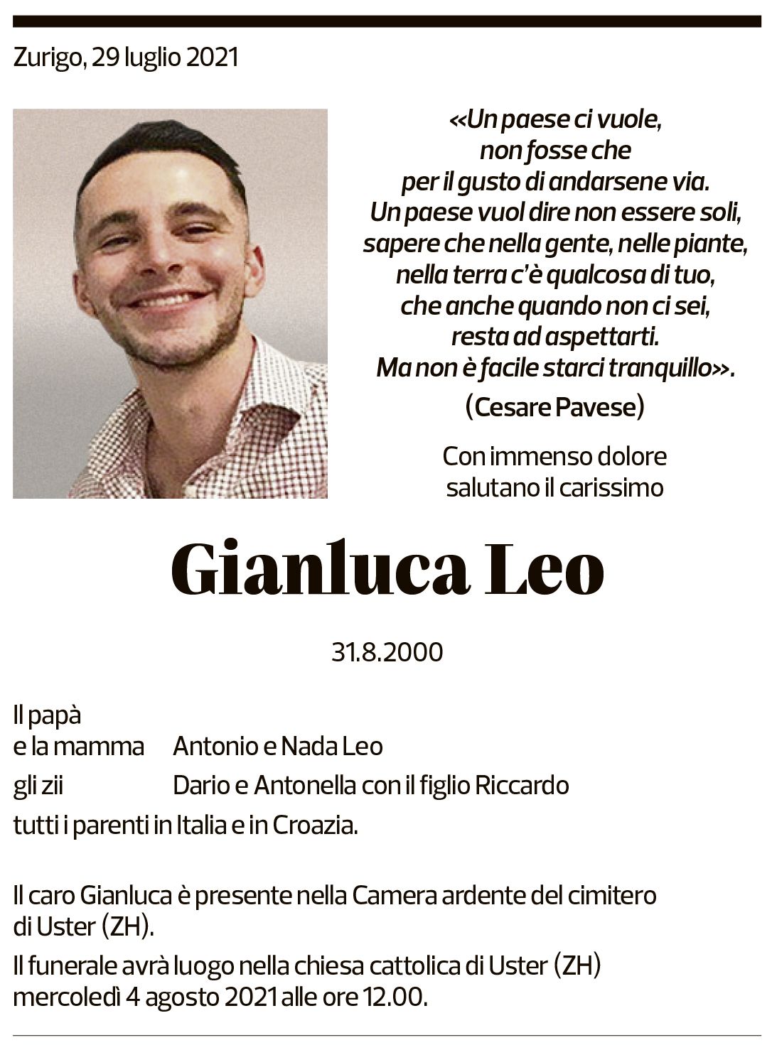 Annuncio funebre Gianluca Leo