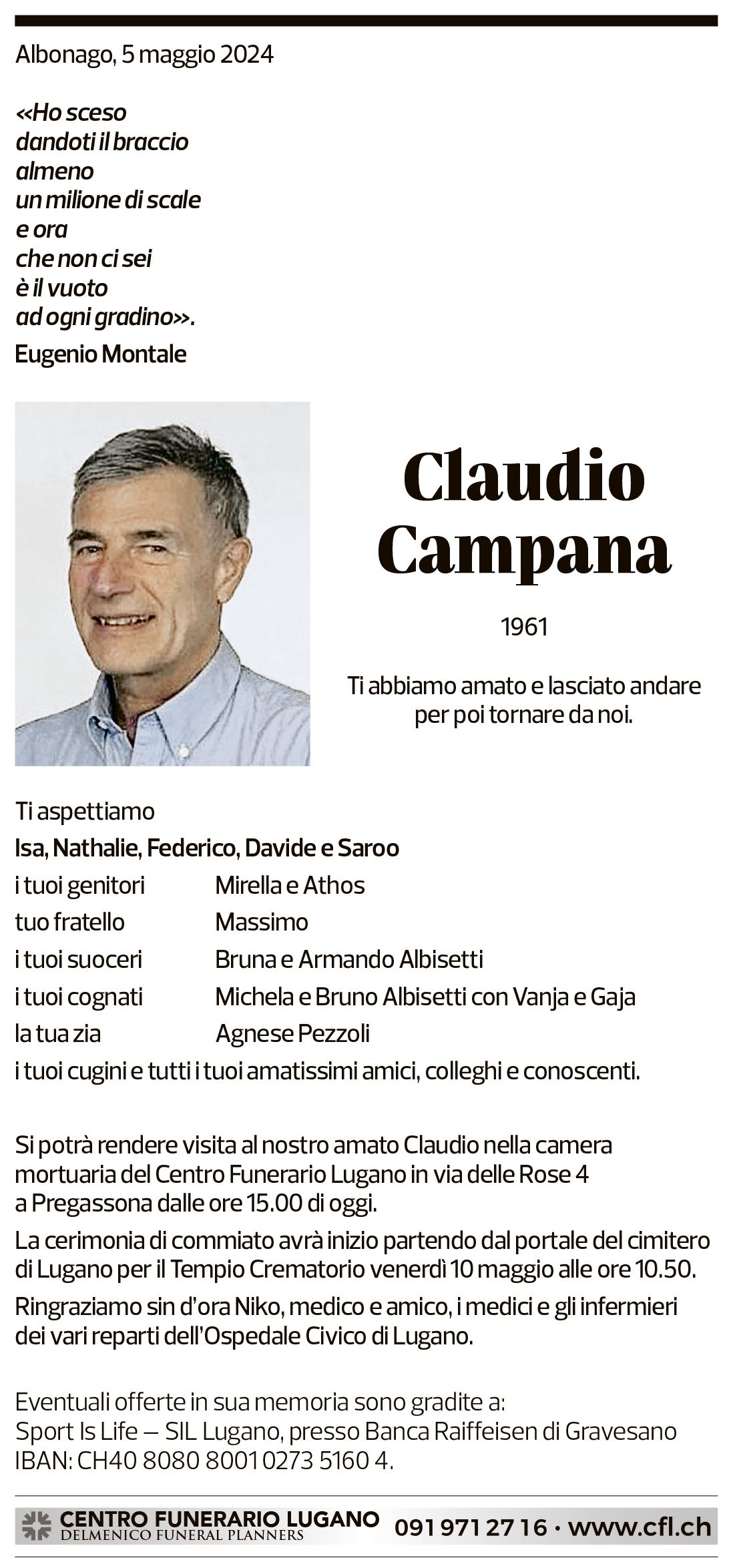 Annuncio funebre Claudio Campana