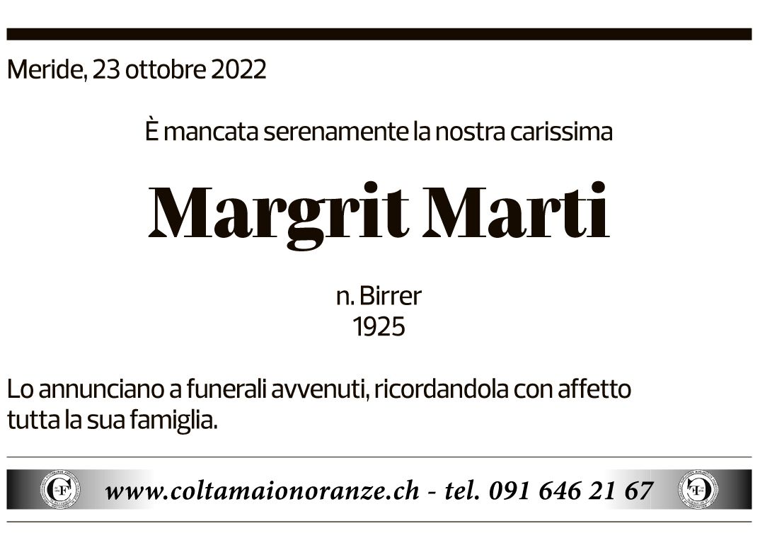 Annuncio funebre Margrit Marti