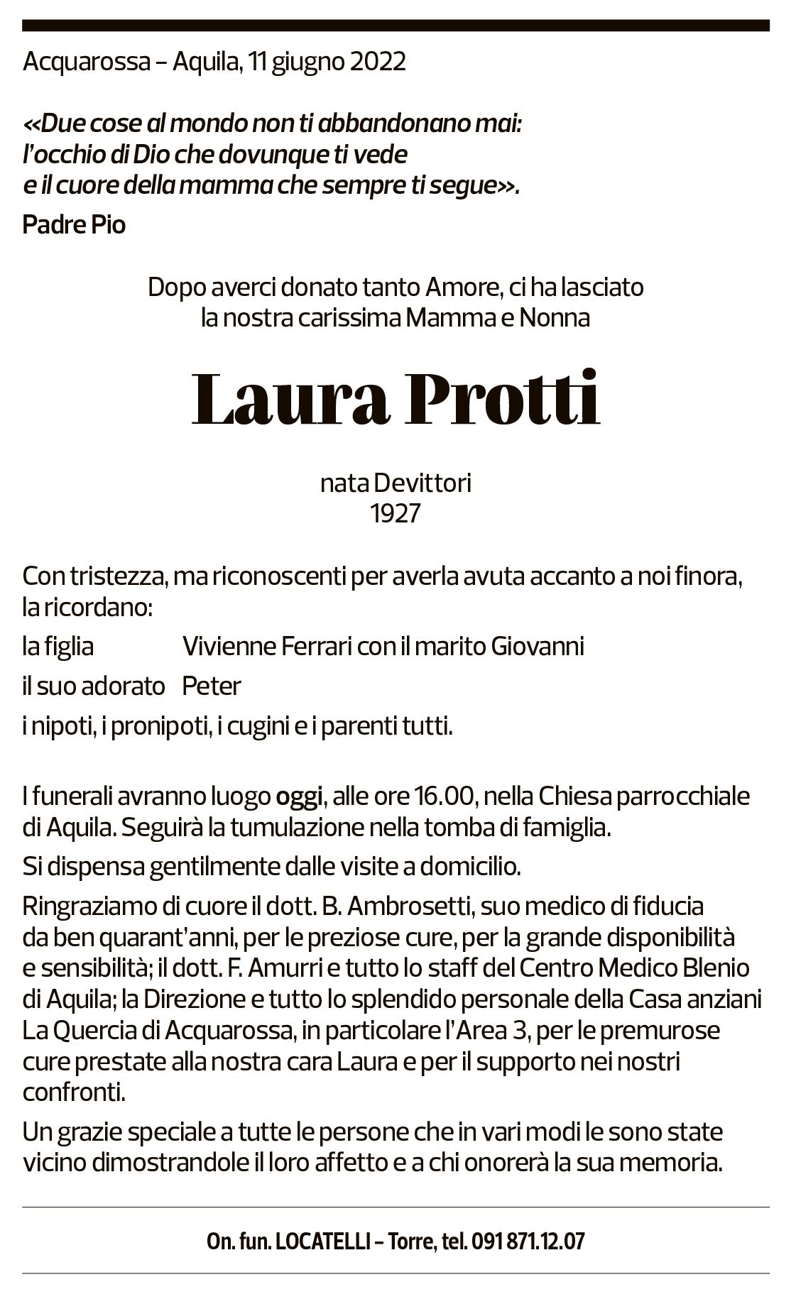 Annuncio funebre Laura Protti