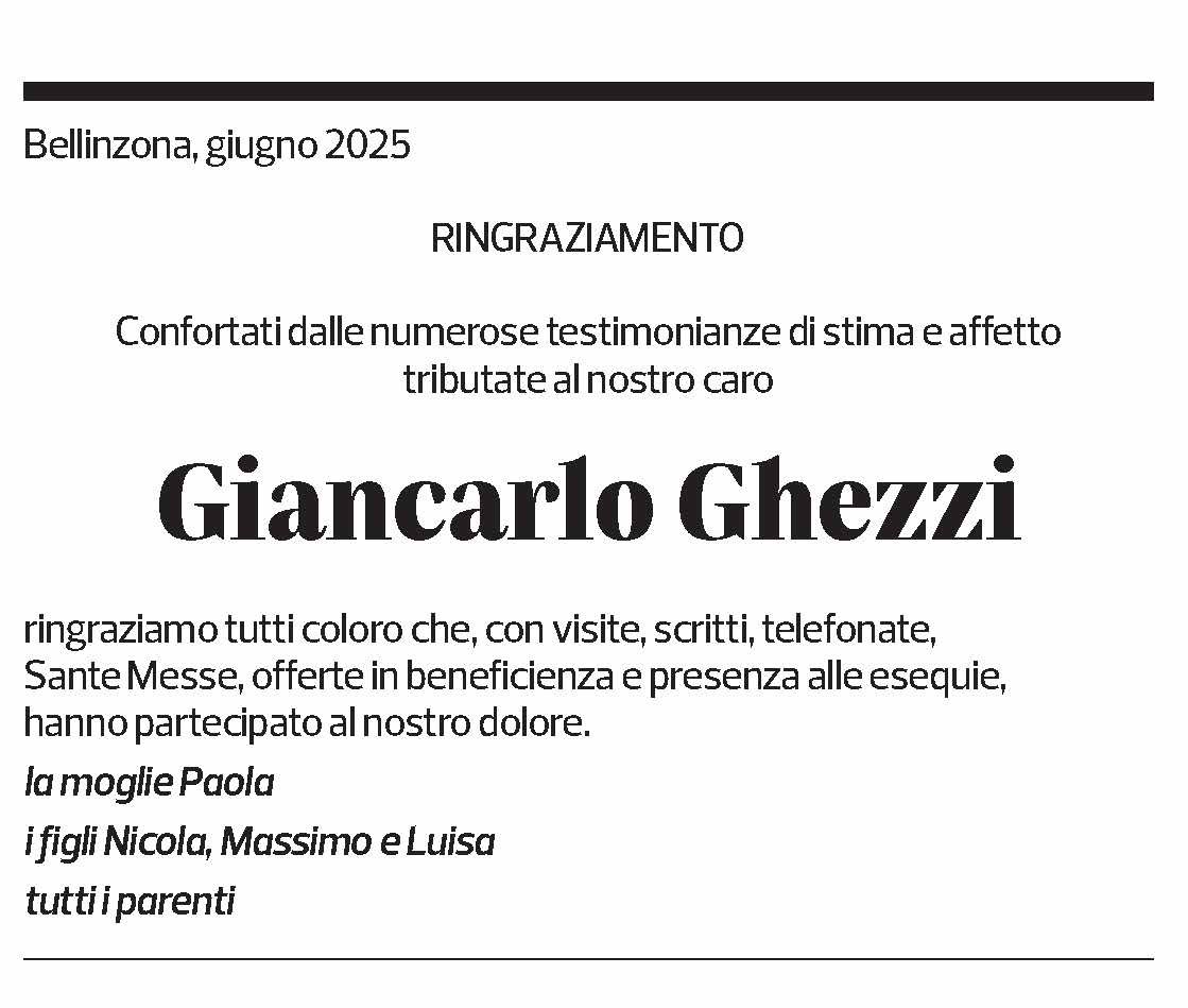 Annuncio funebre Giancarlo Ghezzi