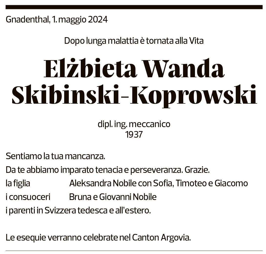 Annuncio funebre Elzbieta Wanda Skibinski-koprowski