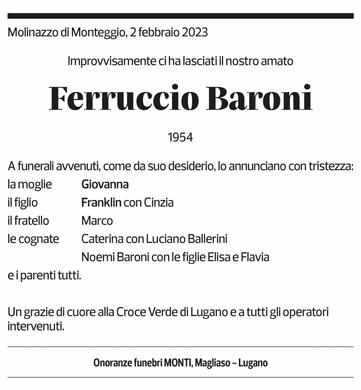 Annuncio funebre Ferruccio Baroni