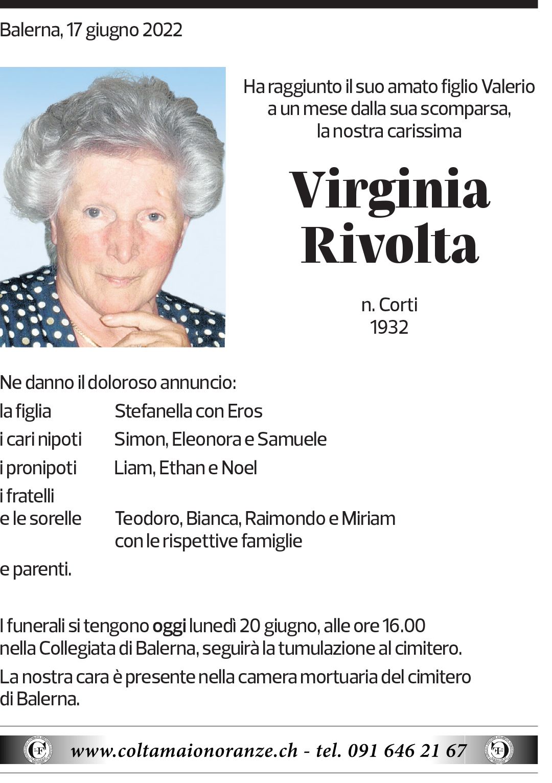 Annuncio funebre Virginia Rivolta