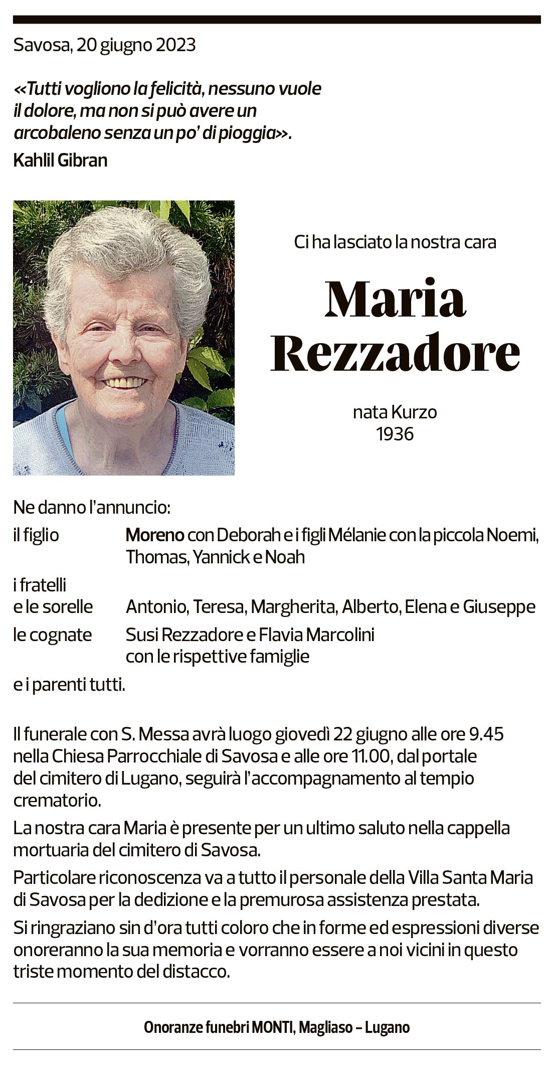 Annuncio funebre Maria Rezzadore