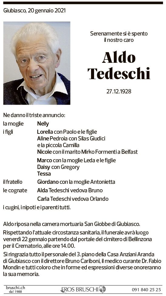 Annuncio funebre Aldo Tedeschi