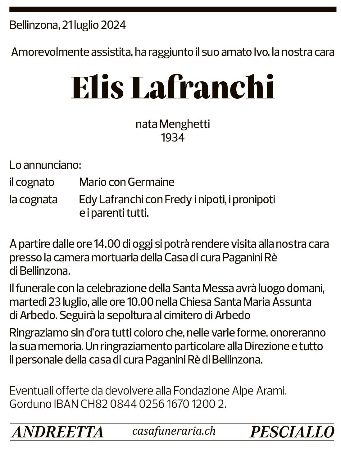 Annuncio funebre Elis Lafranchi