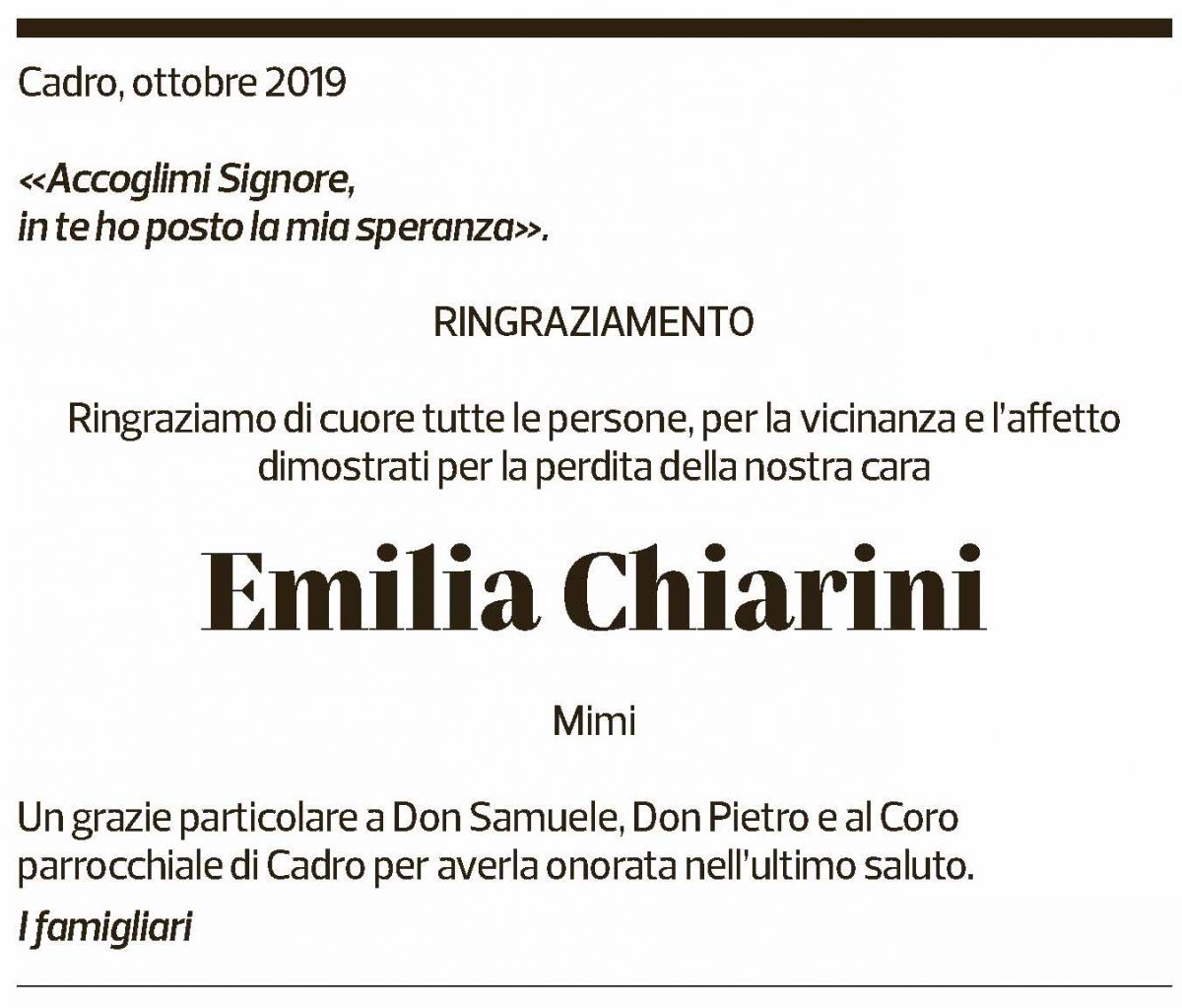 Annuncio funebre Emilia Chiarini