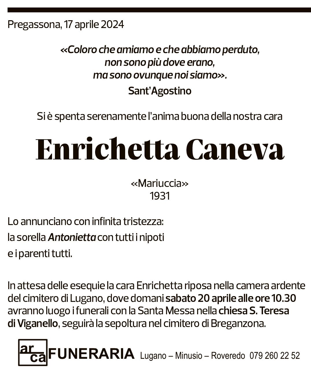 Annuncio funebre Enrichetta Caneva