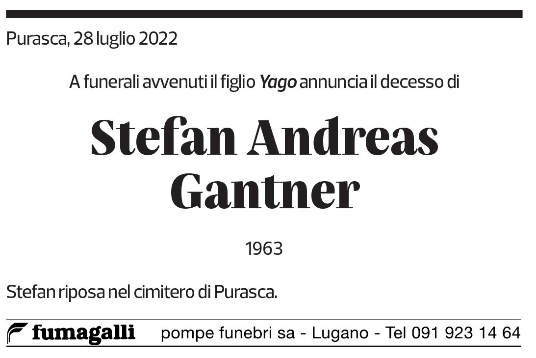 Annuncio funebre Stefan Andreas Gantner