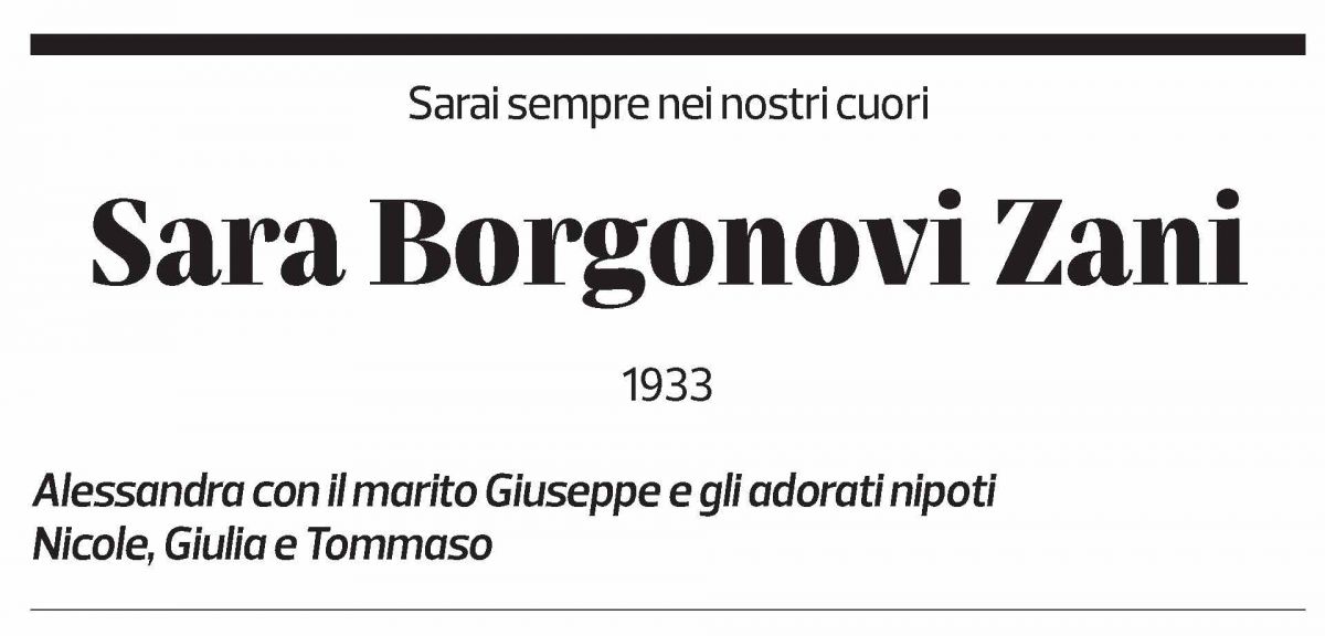 Annuncio funebre Sara Borgonovi Zani