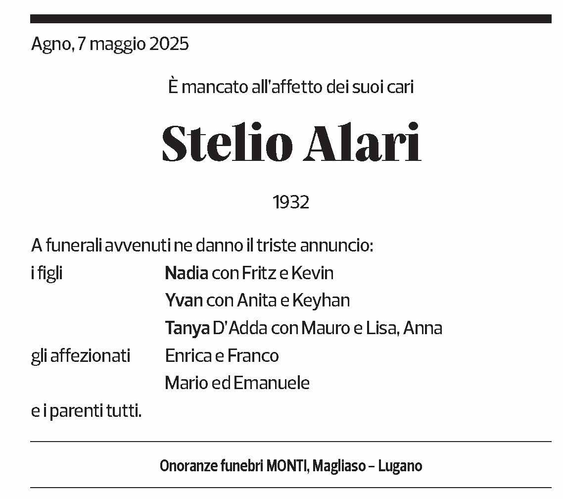 Annuncio funebre Stelio Alari