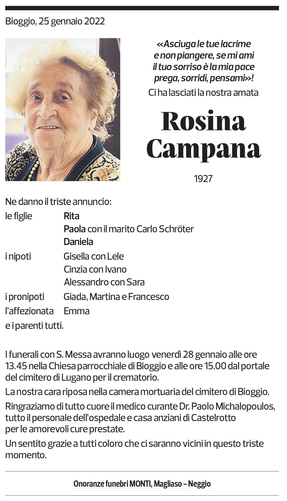 Annuncio funebre Rosina Campana