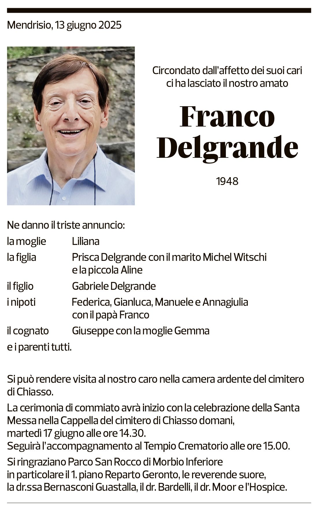 Annuncio funebre Franco Delgrande