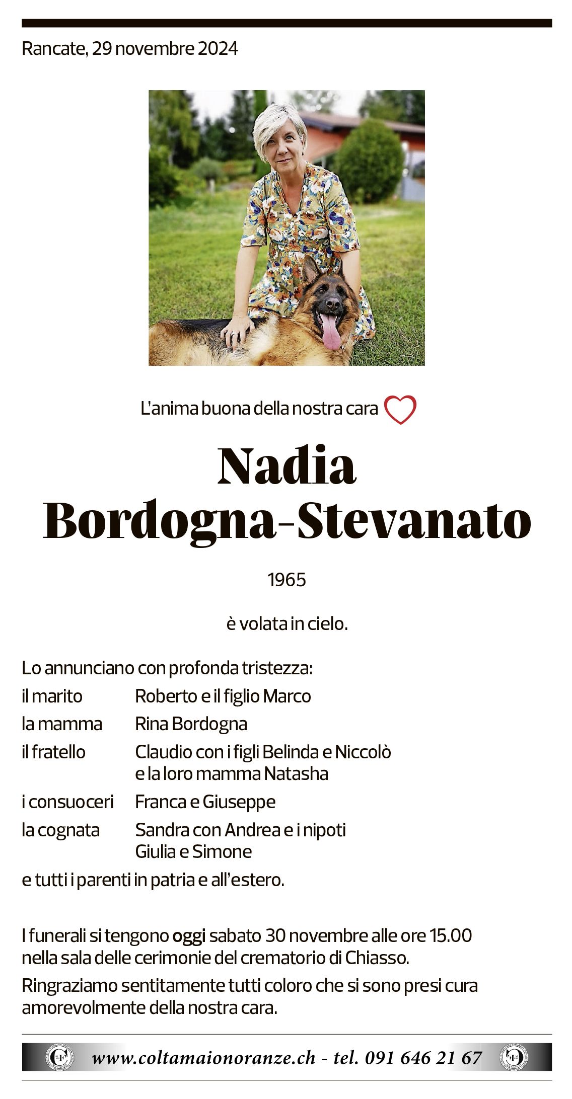 Annuncio funebre Nadia Bordogna-stevenato