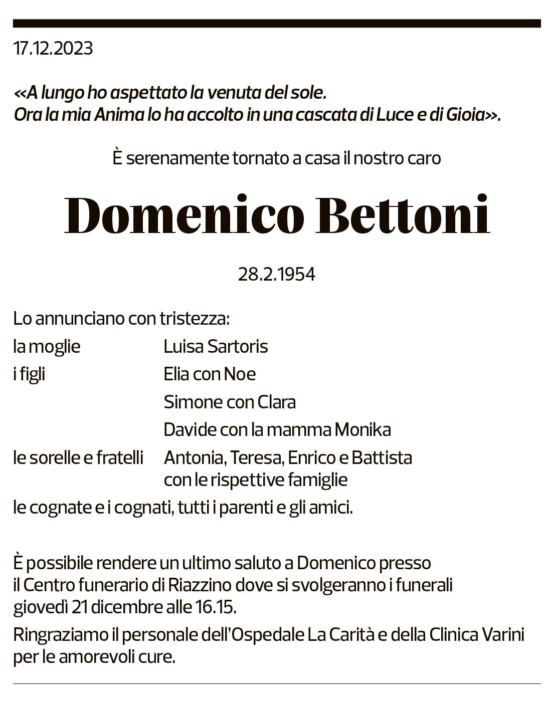 Annuncio funebre Domenico Bettoni