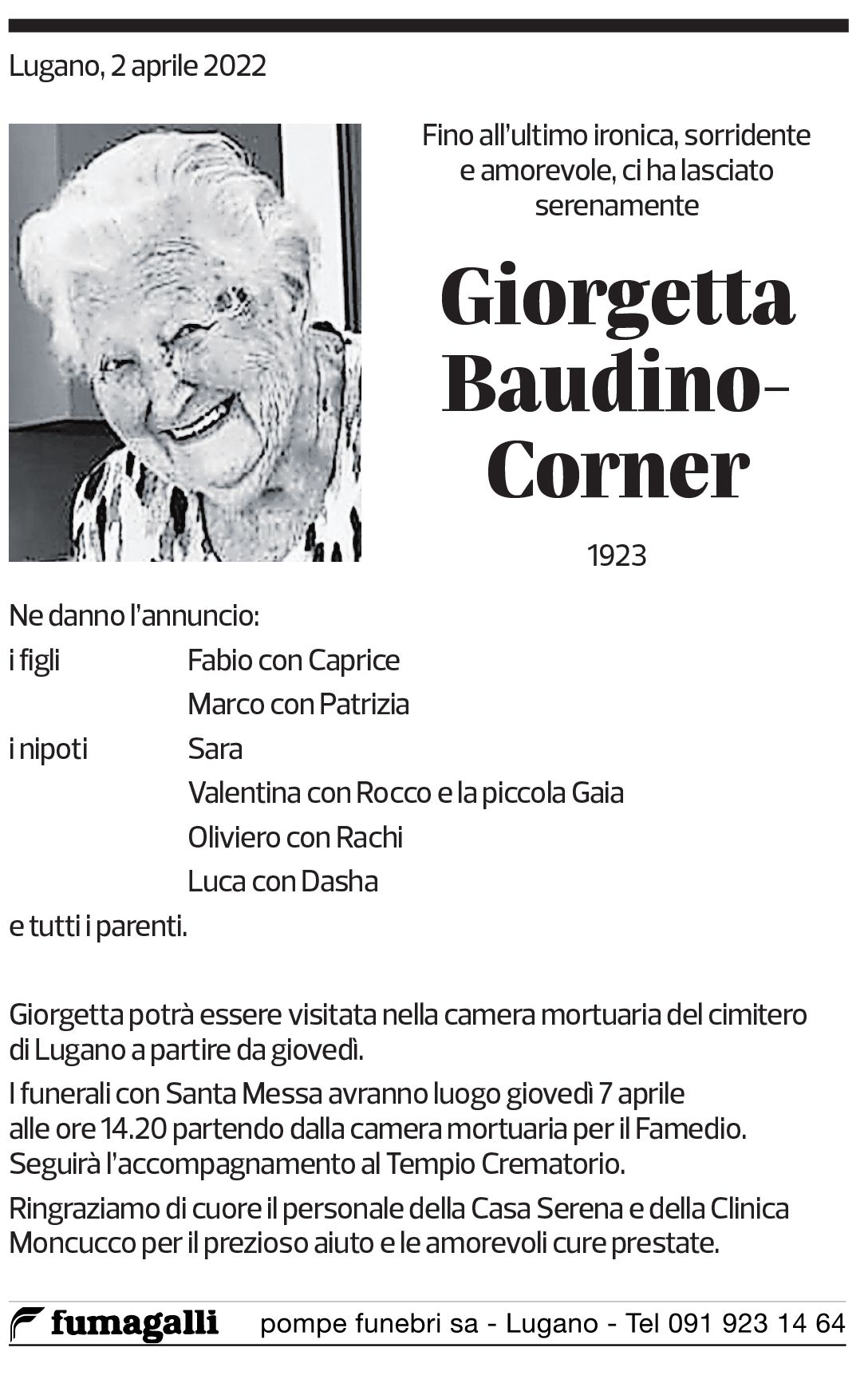 Annuncio funebre Giorgetta Baudino-corner