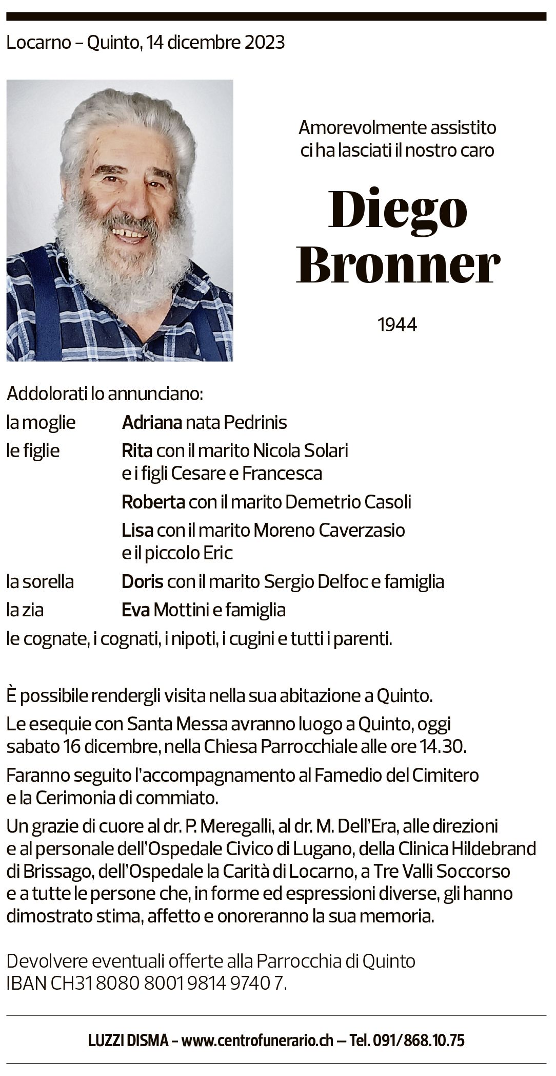 Annuncio funebre Diego Bronner