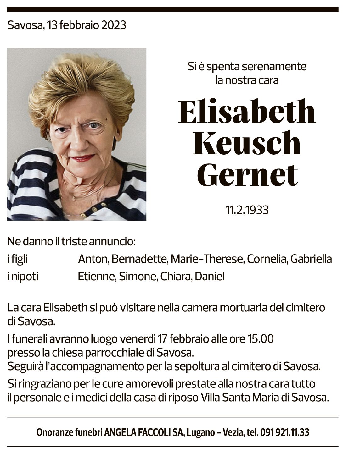 Annuncio funebre Elisabeth Keusch Gernet