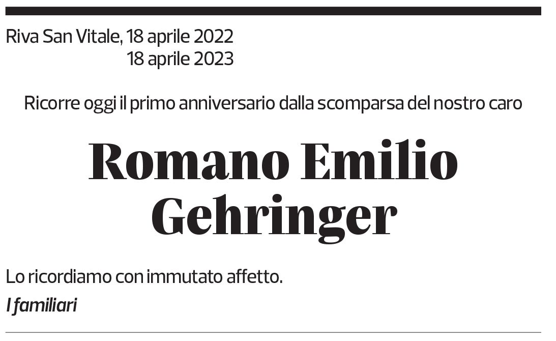 Annuncio funebre Romano Emilio Gehringer