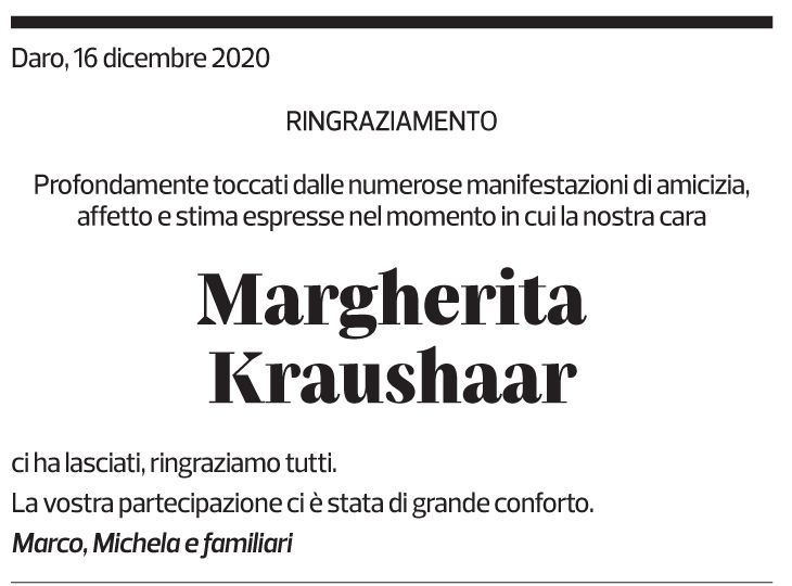 Annuncio funebre Margherita Krasushaar