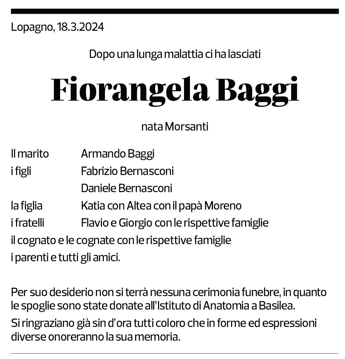 Annuncio funebre Fiorangela Baggi