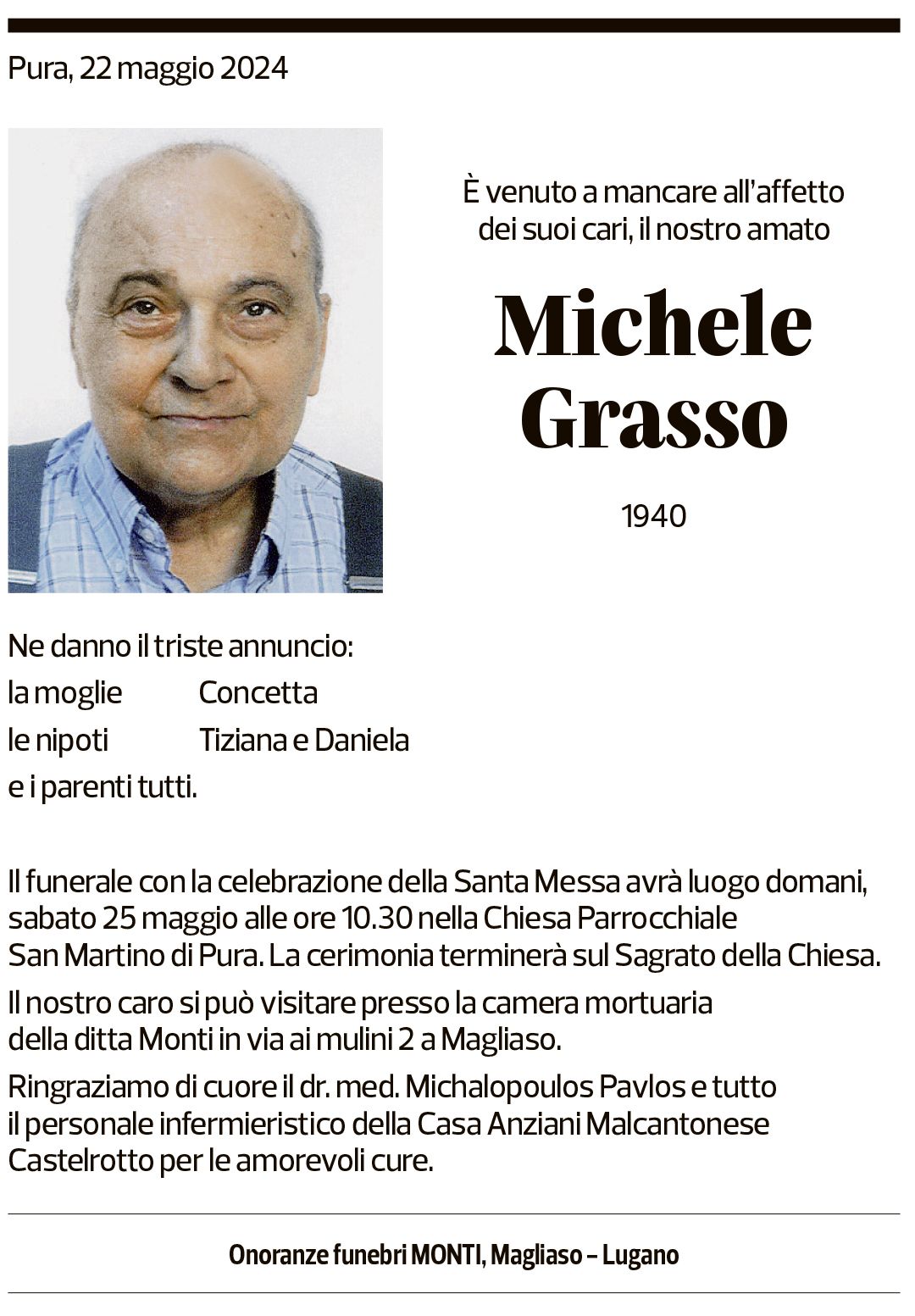 Annuncio funebre Michele Grasso