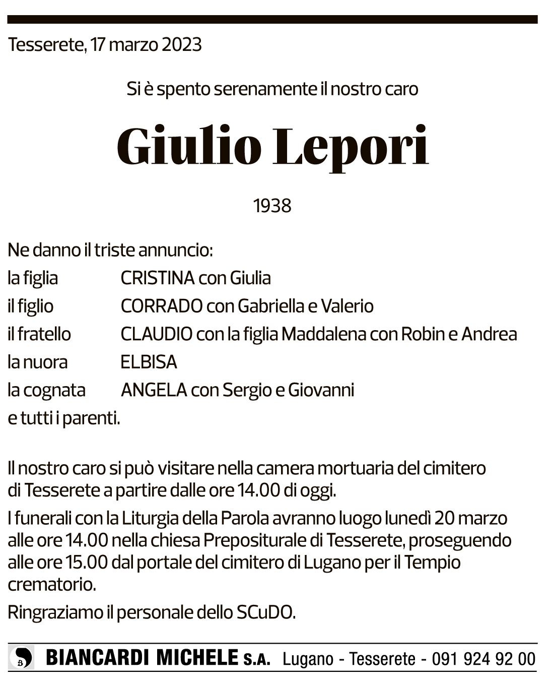 Annuncio funebre Giulio Lepori