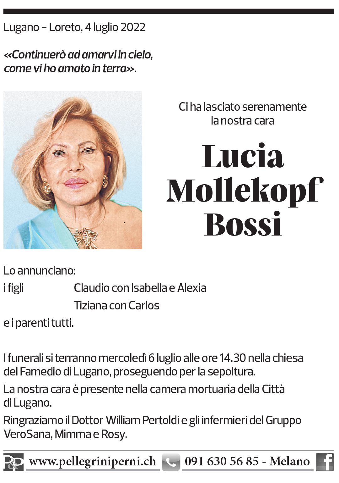 Annuncio funebre Lucia Mollekopf Bossi