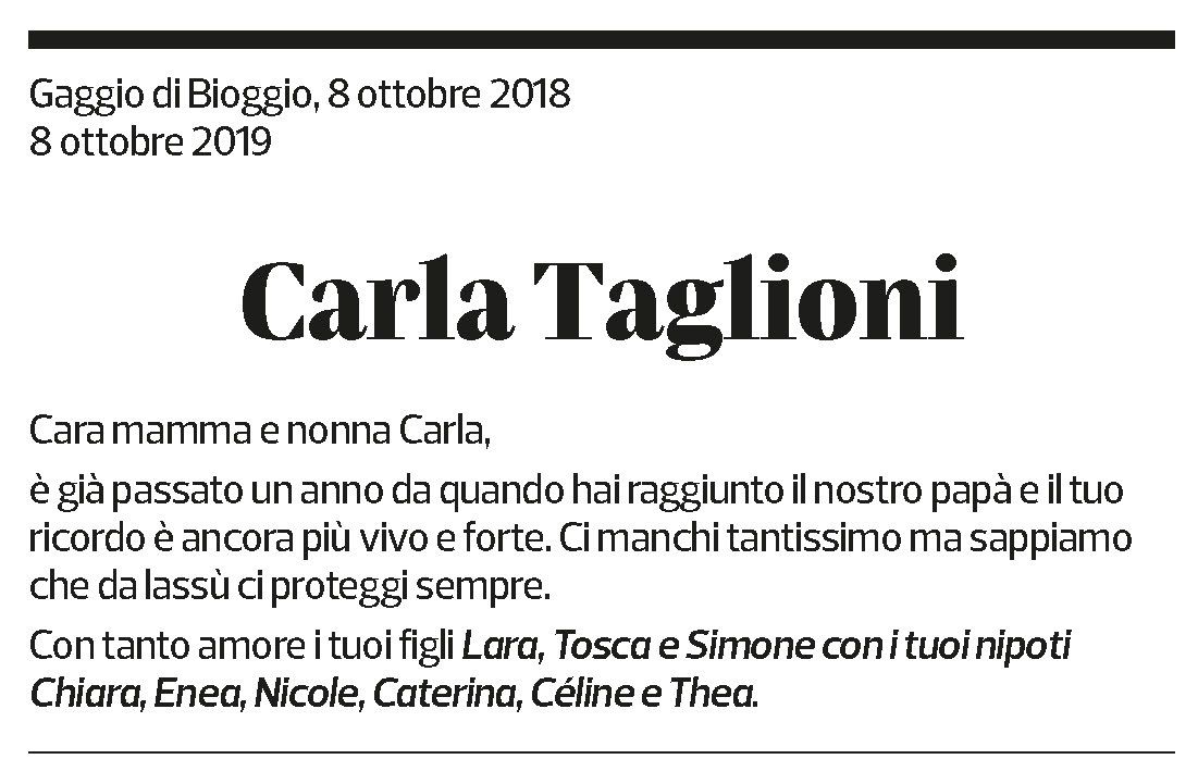 Annuncio funebre Carla Taglioni