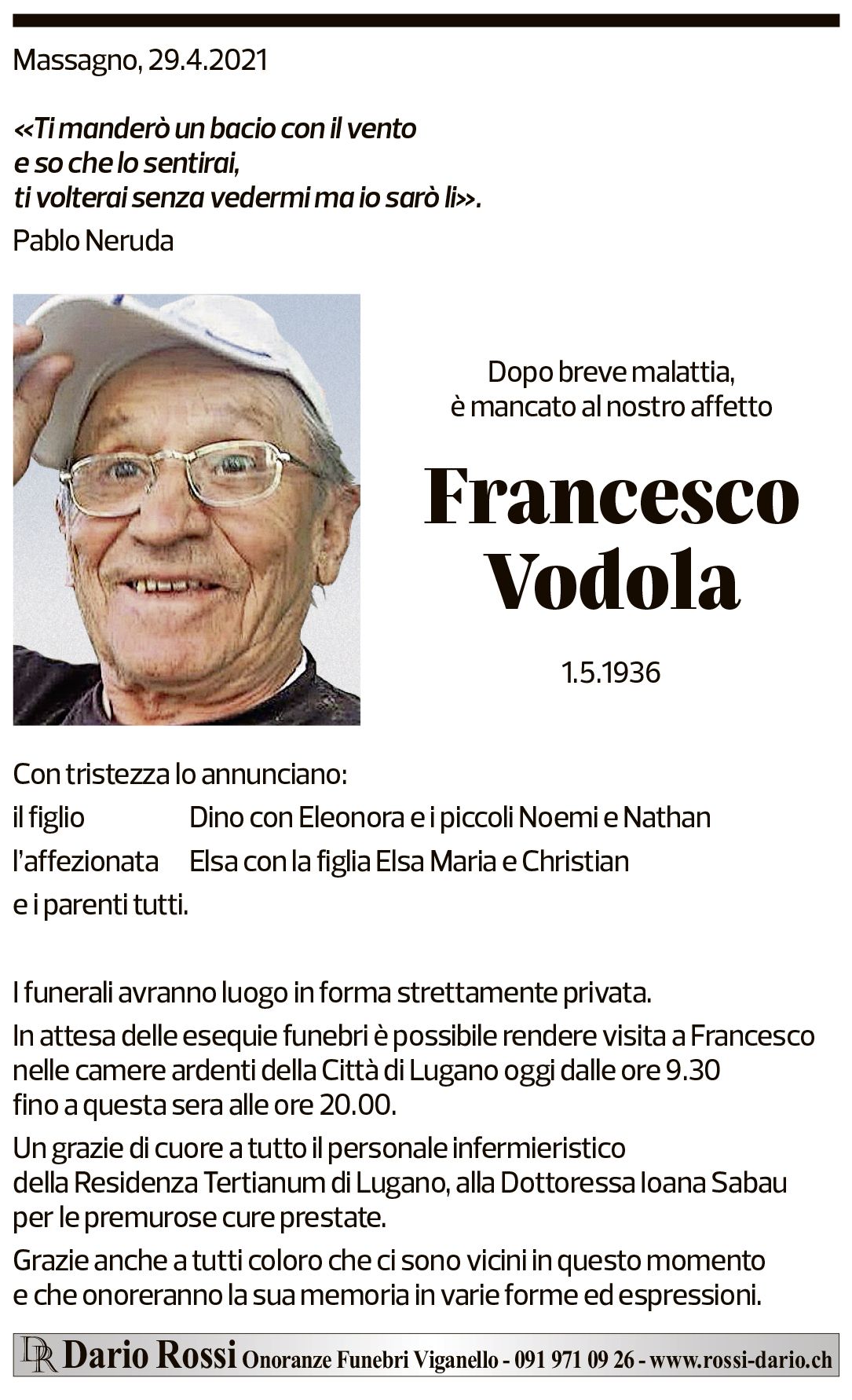 Annuncio funebre Francesco Vodola