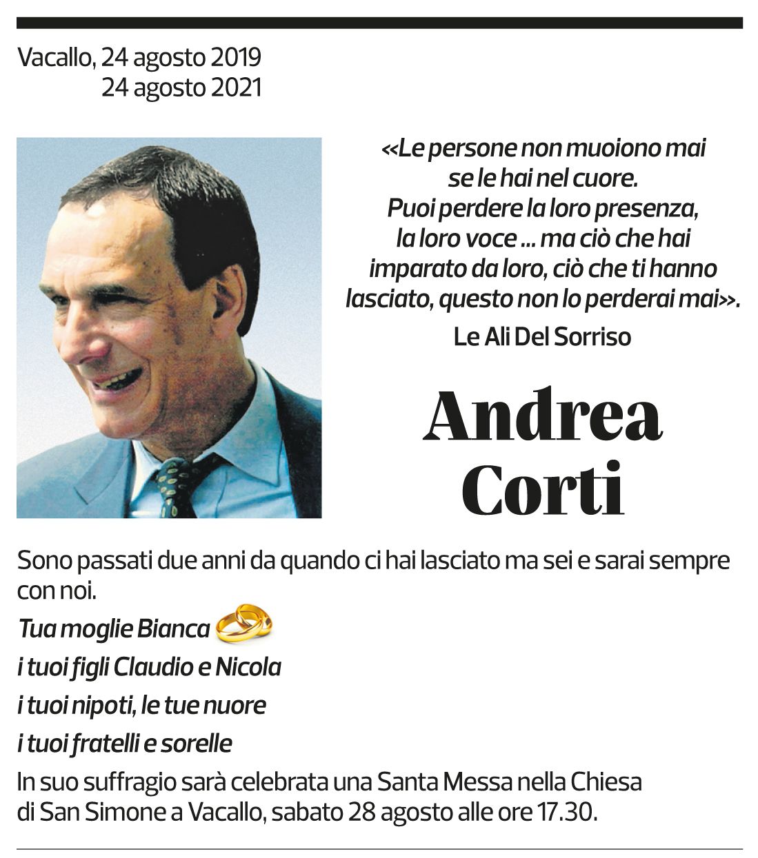 Annuncio funebre Andrea Corti