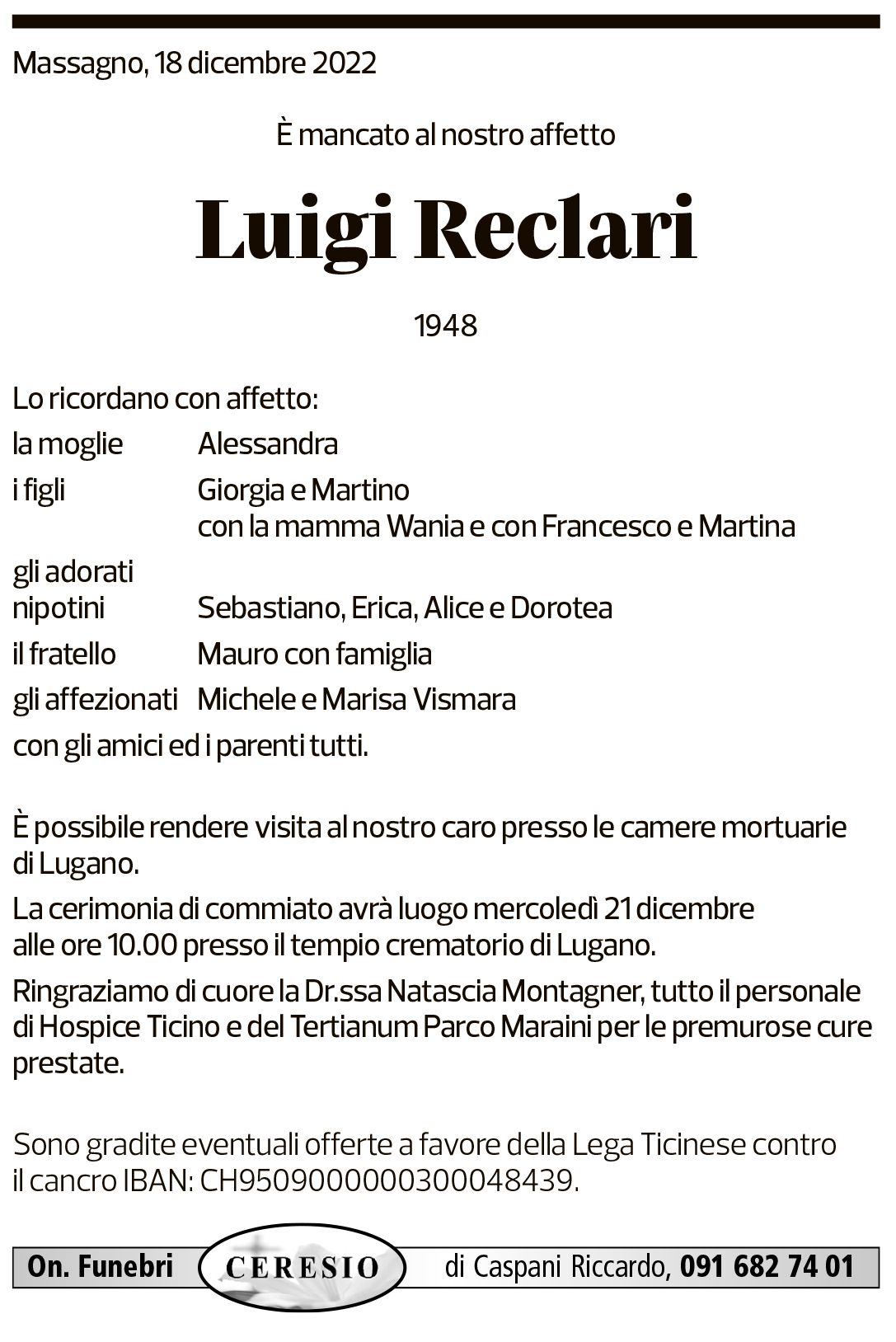 Annuncio funebre Luigi Reclari