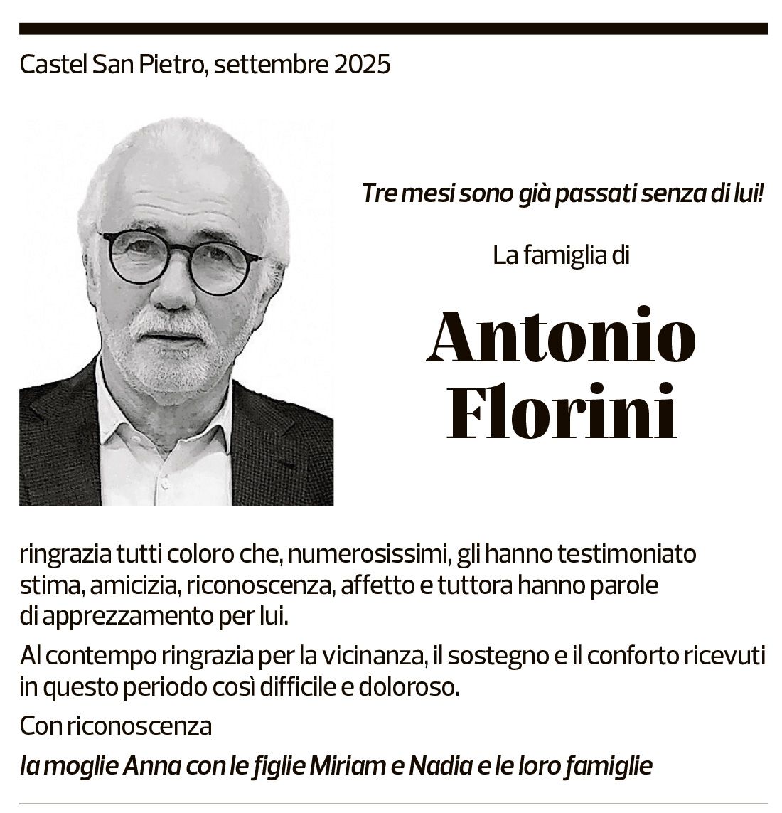 Annuncio funebre Antonio Florini