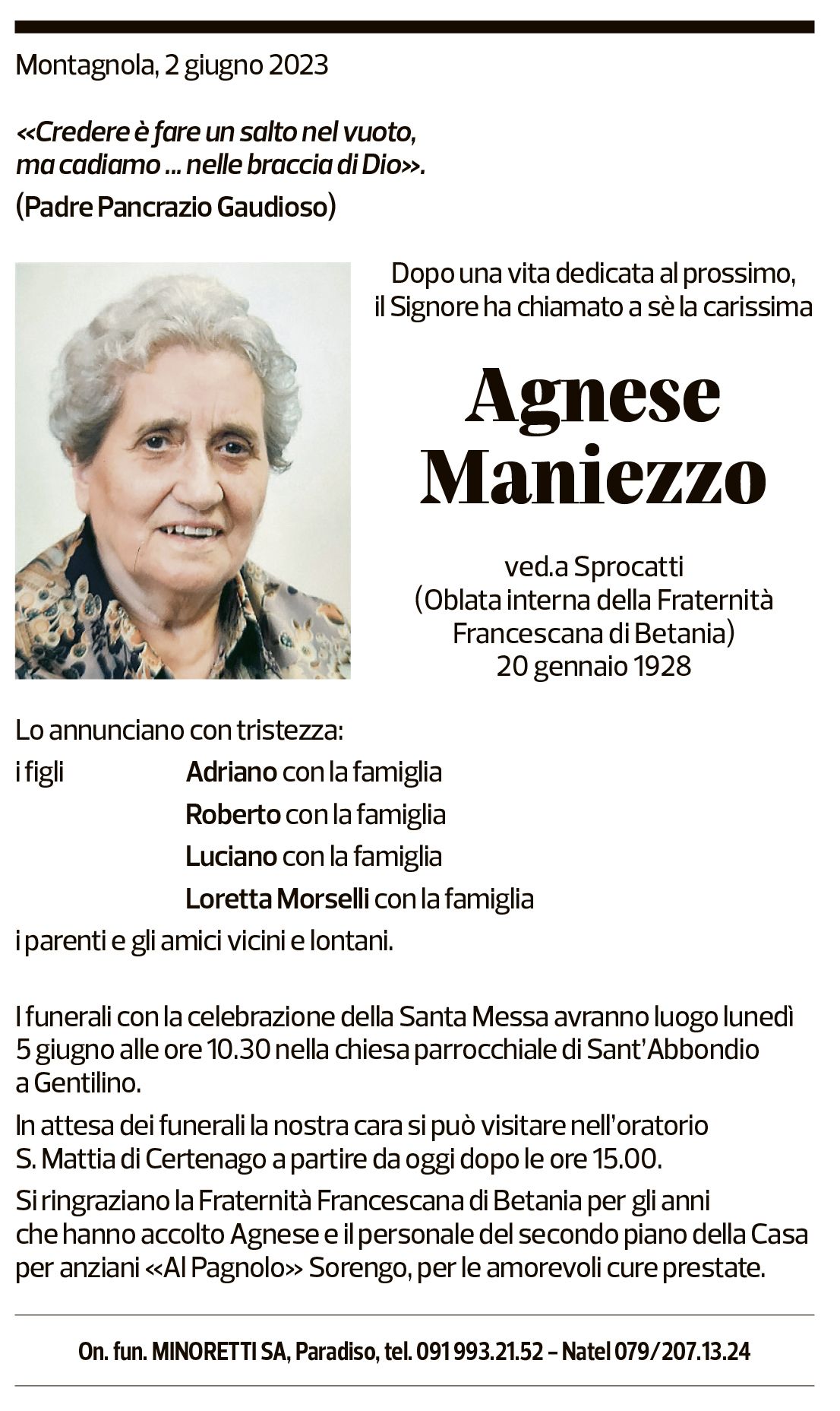 Annuncio funebre Agnese Maniezzo