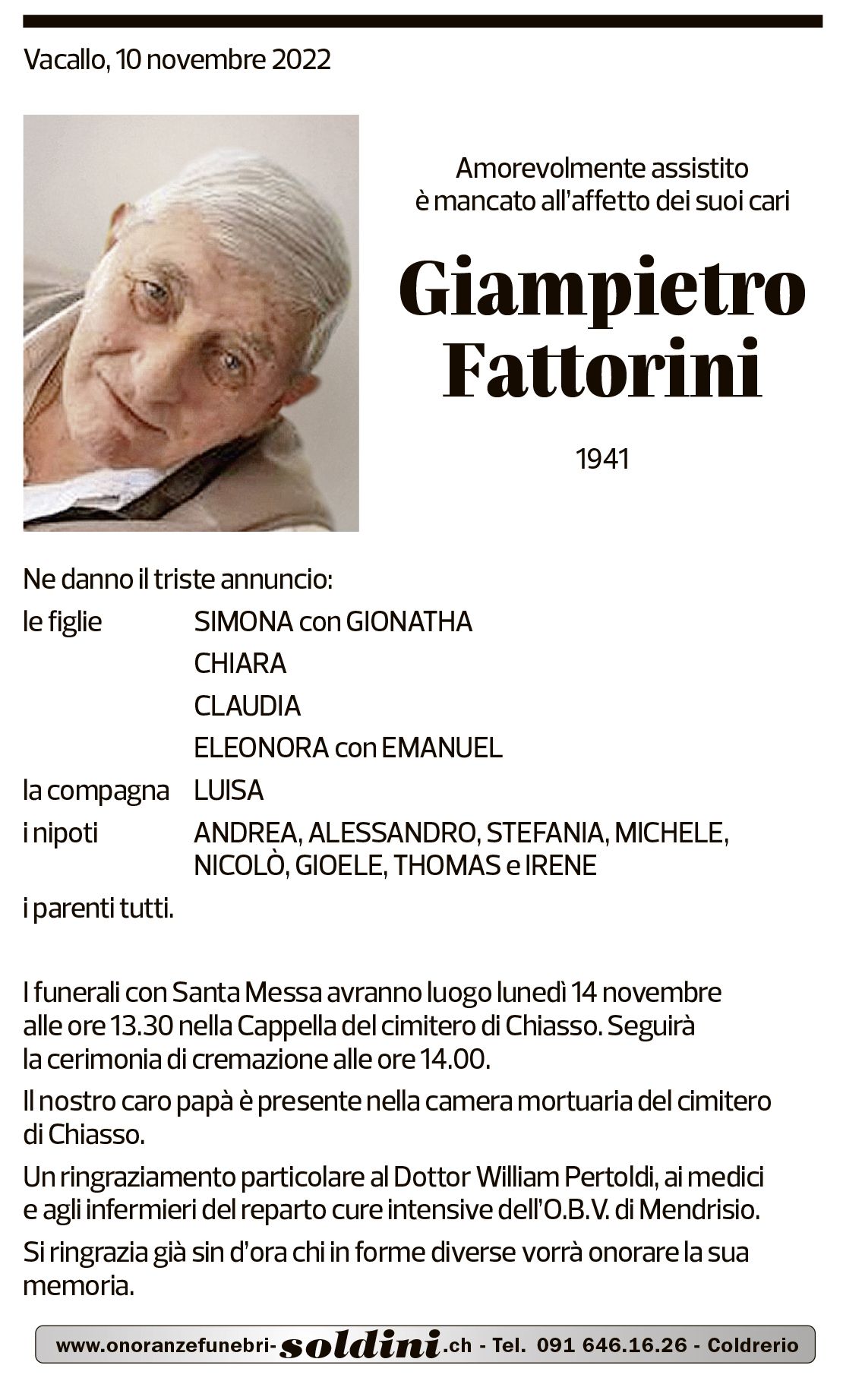 Annuncio funebre Giampietro Fattorini