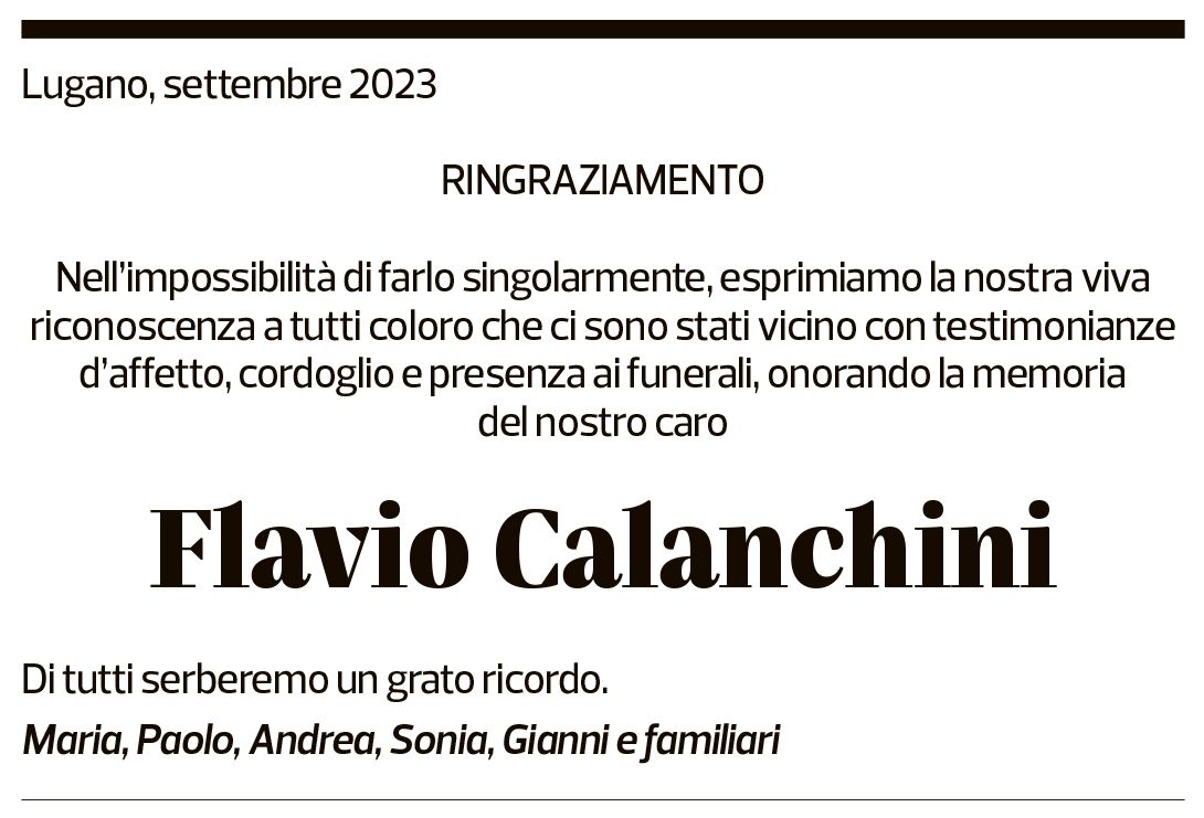 Annuncio funebre Flavio Calanchini